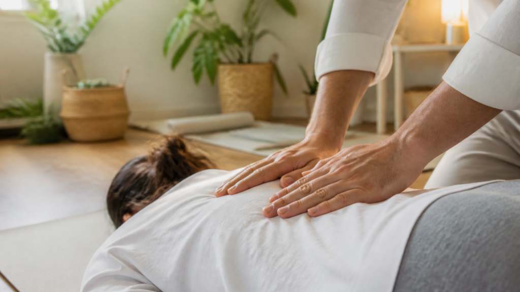 Séance d’ostéopathie dans un espace lumineux et calme, mains du praticien posées avec douceur sur le dos d’une personne allongée, ambiance apaisante et naturelle.
