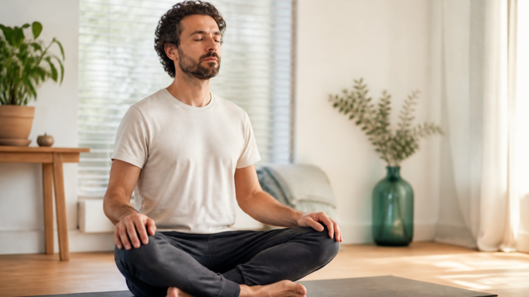 Homme assis en posture de respiration consciente dans un intérieur calme et lumineux