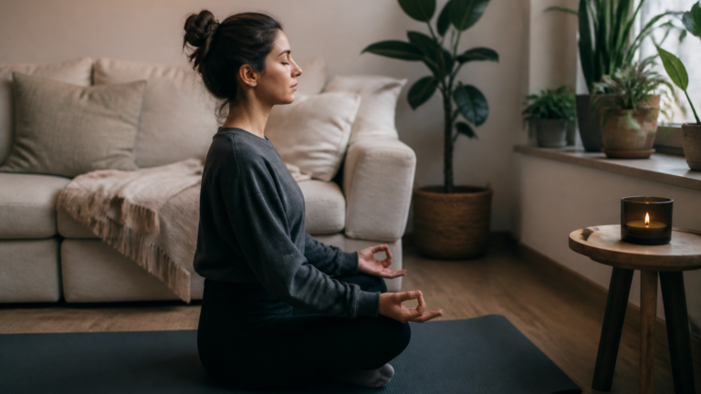 Personne assise en posture de méditation dans un intérieur calme et lumineux, mains posées doucement sur les jambes, ambiance douce et apaisante