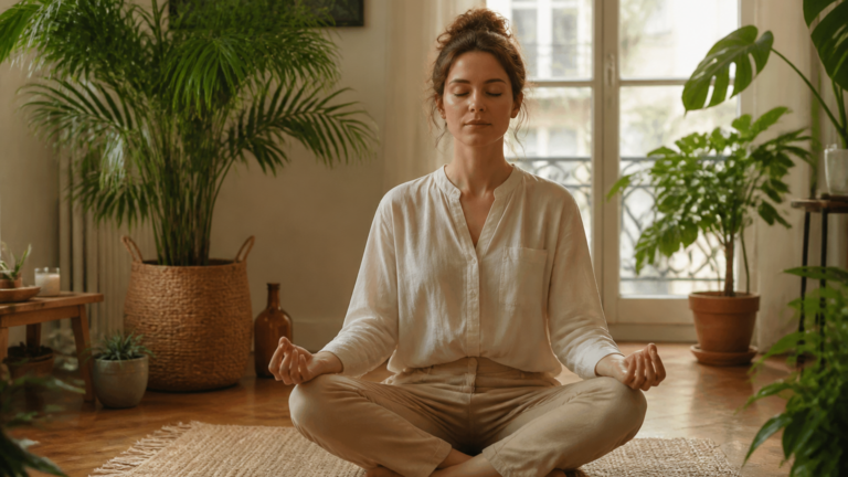 Personne en posture de méditation dans un intérieur lumineux et apaisant, mains posées doucement sur les genoux, entourée de plantes vertes
