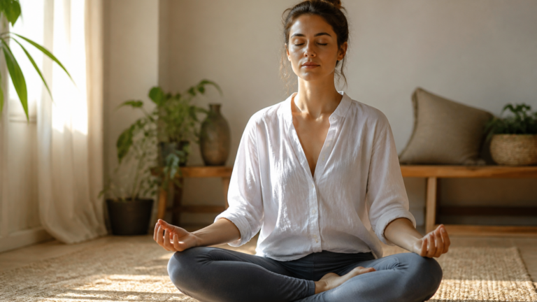 Personne en posture de méditation dans un intérieur calme et lumineux, symbolisant la sérénité et le recentrage.