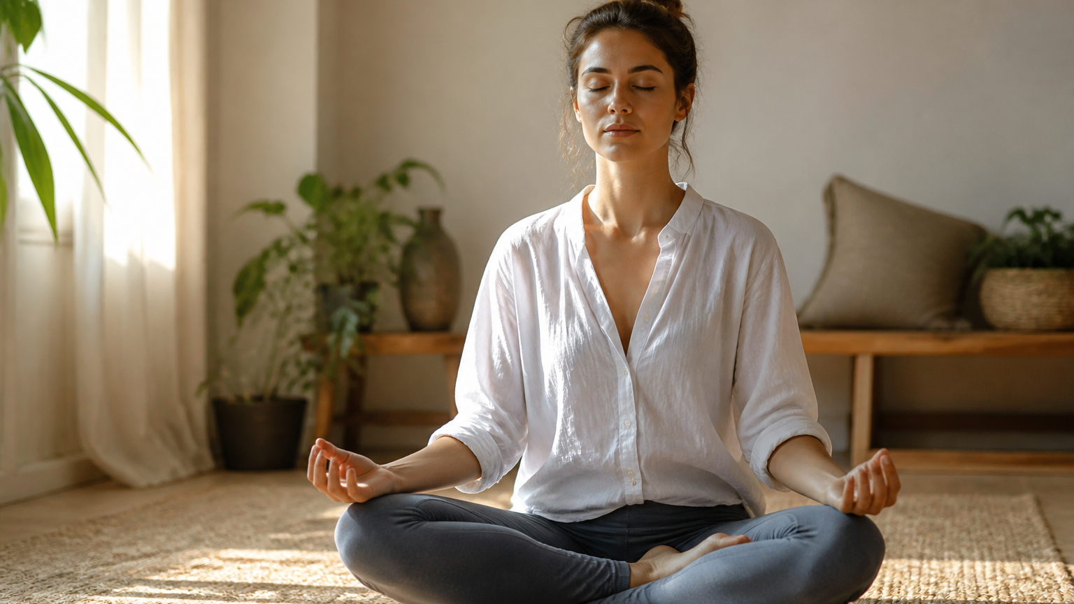 Personne en posture de méditation dans un intérieur calme et lumineux, symbolisant la sérénité et le recentrage.