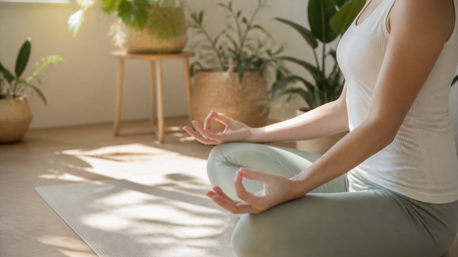 Mains posées en méditation sur un tapis de yoga dans un intérieur calme et lumineux