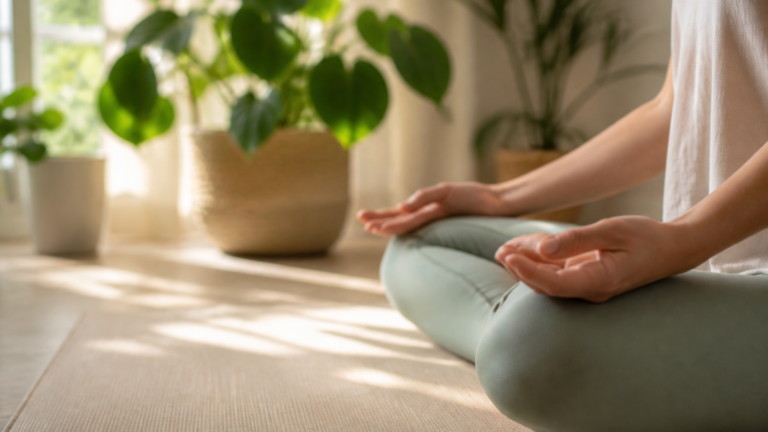 Mains posées en méditation sur un tapis de yoga dans un intérieur lumineux et apaisant
