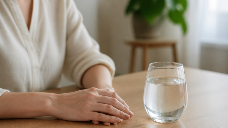 Mains délicatement placées autour d'un verre d'eau sur une table avec une lumière douce et naturelle dans un intérieur calme