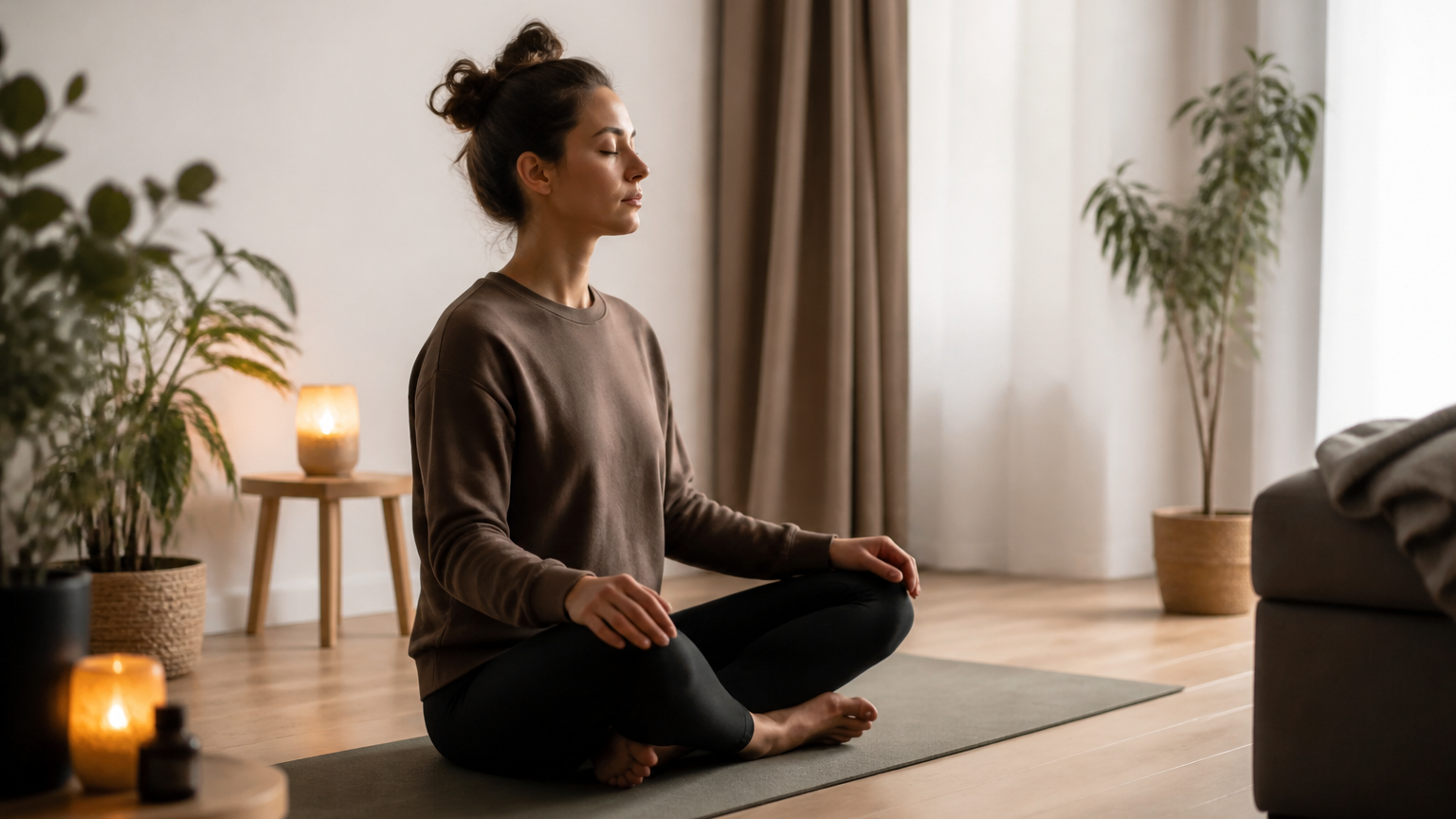 Personne en posture de méditation dans un intérieur calme avec lumière douce, mains posées, ambiance apaisante