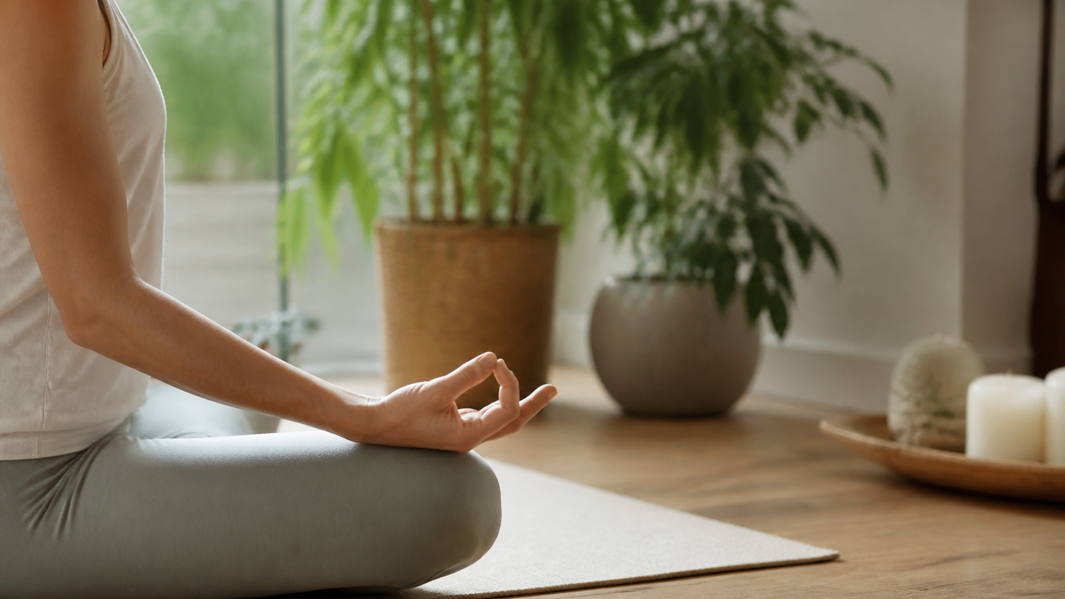 Personne en posture de méditation assise sur un tapis de yoga dans un intérieur lumineux et calme avec des plantes vertes