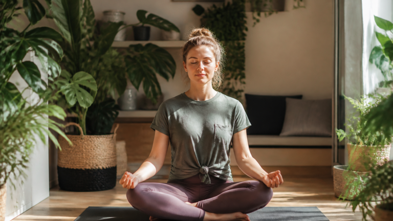 Personne en méditation assise sur un tapis de yoga dans un intérieur calme et lumineux