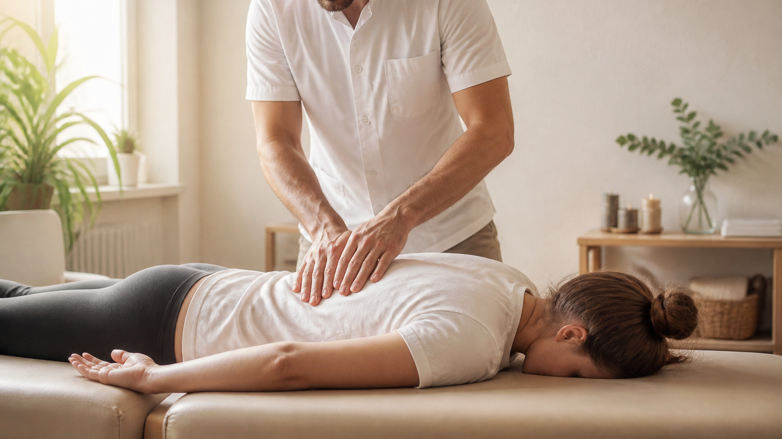 Praticien en ostéopathie posant ses mains avec douceur sur le dos d’un patient dans un intérieur lumineux et calme