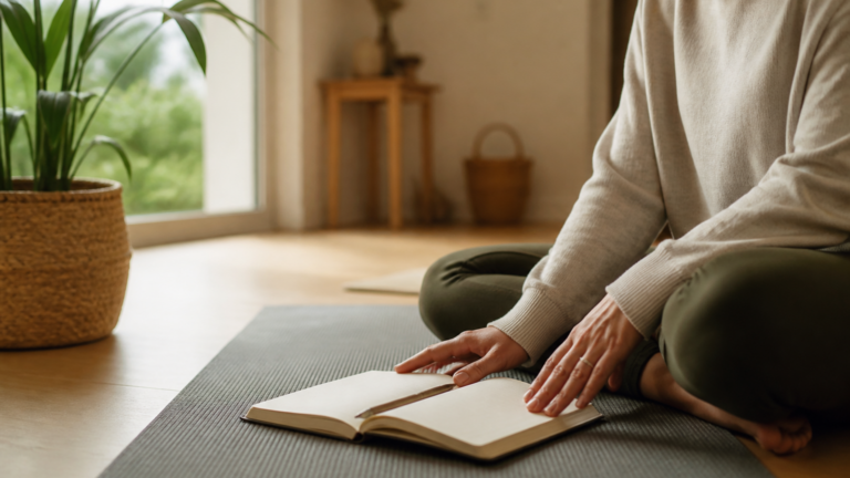 Intérieur calme avec tapis de yoga, plante verte et mains posées sur un carnet ouvert pour un moment de recentrage