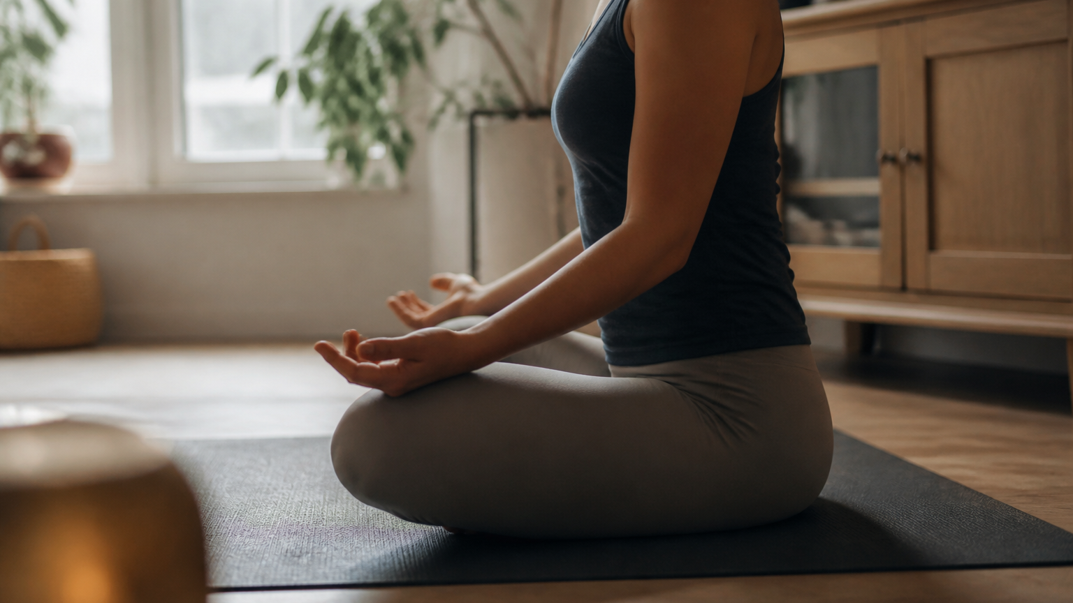 Personne méditant paisiblement dans un intérieur calme sur un tapis de yoga, lumière douce naturelle