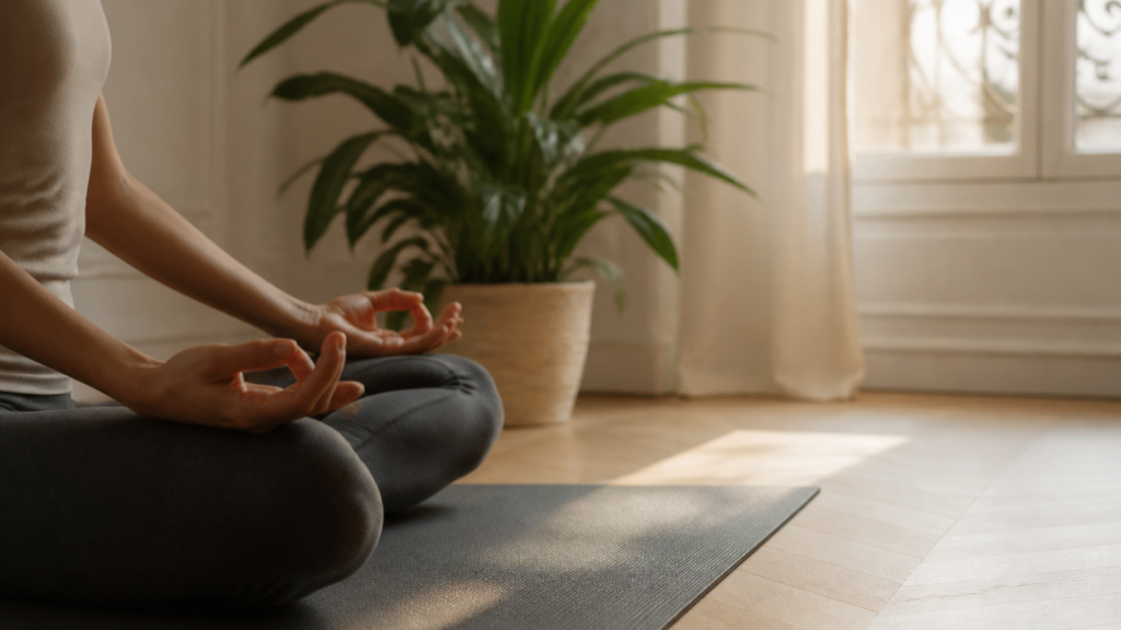 Intérieur calme avec tapis de yoga, mains posées en méditation, lumière douce naturelle