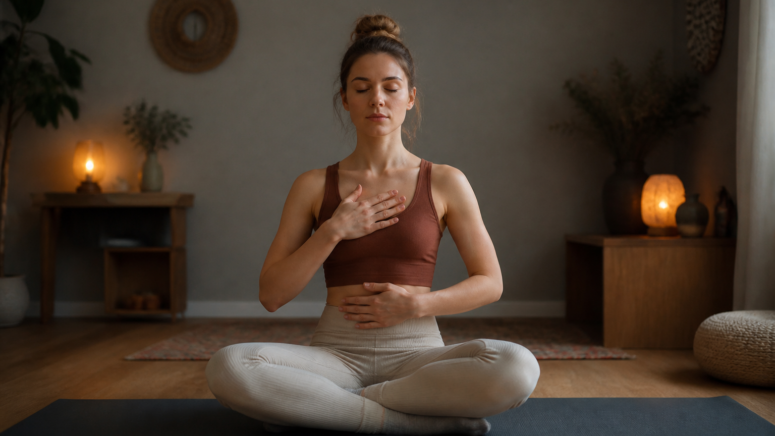 Personne méditant doucement en intérieur calme avec lumière douce et tapis de yoga