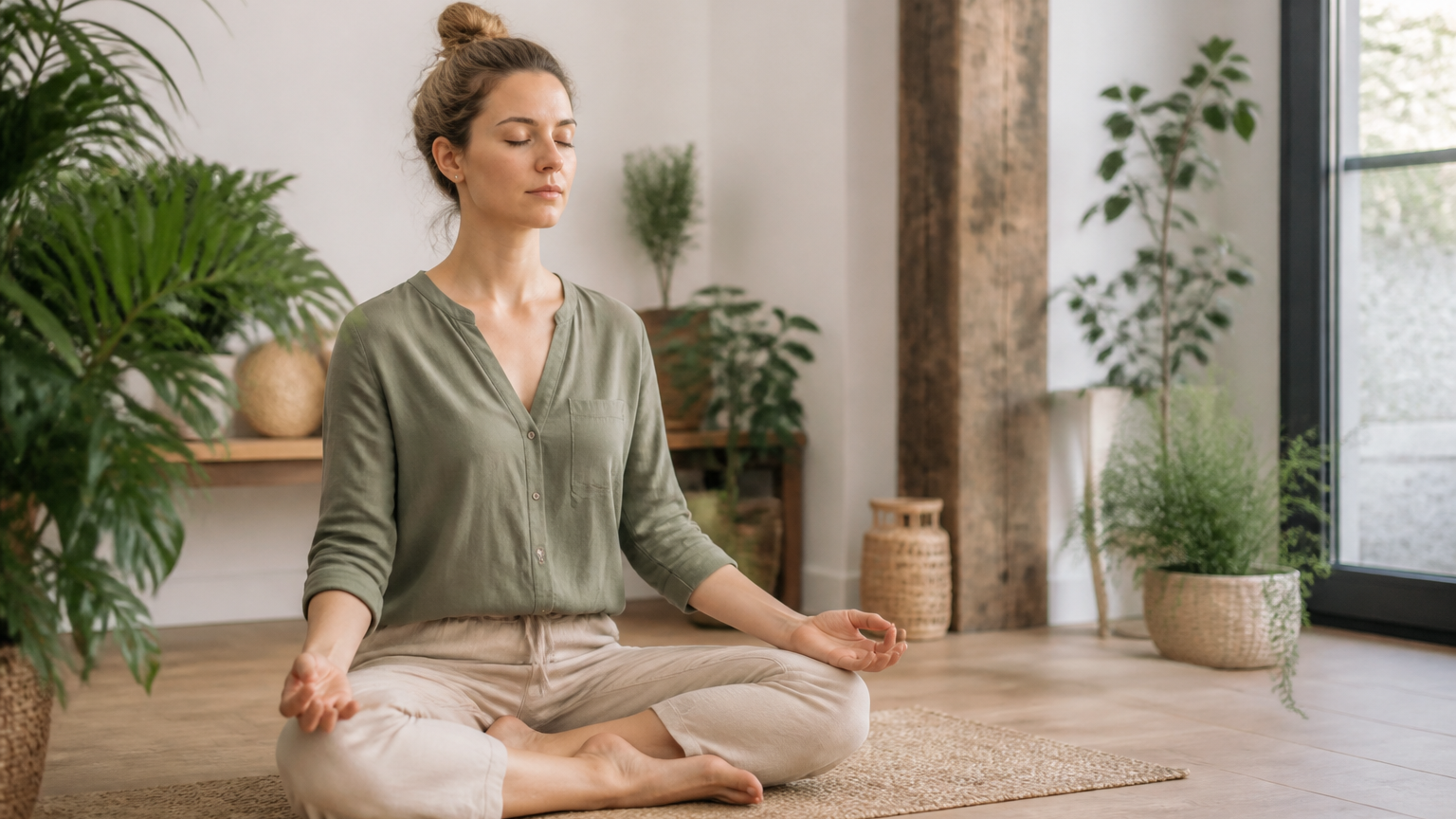 Personne méditant paisiblement dans un intérieur lumineux et confortable, mains posées avec douceur, ambiance apaisante