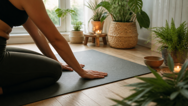 Mains posées doucement sur un tapis de yoga dans un intérieur lumineux et apaisant, symbolisant le recentrage et l’écoute corporelle