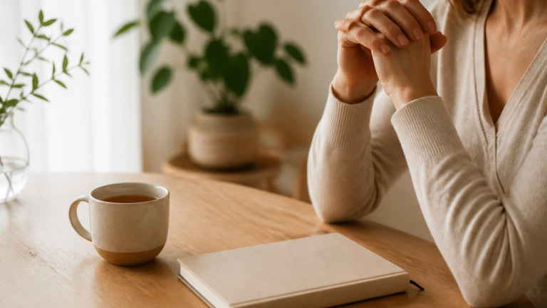Carnet ouvert sur une table en bois clair avec une tasse de tisane, mains posées en geste apaisant, lumière naturelle douce, plante verte en arrière-plan