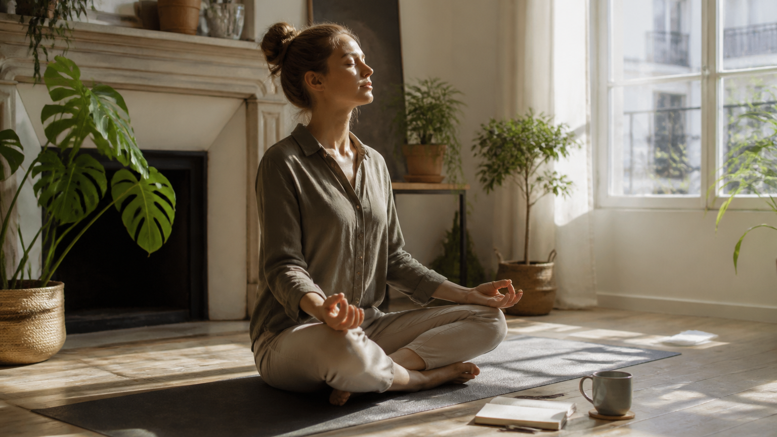 Personne méditant dans un intérieur calme et lumineux, entourée de plantes et d’un carnet, ambiance douce et reposante