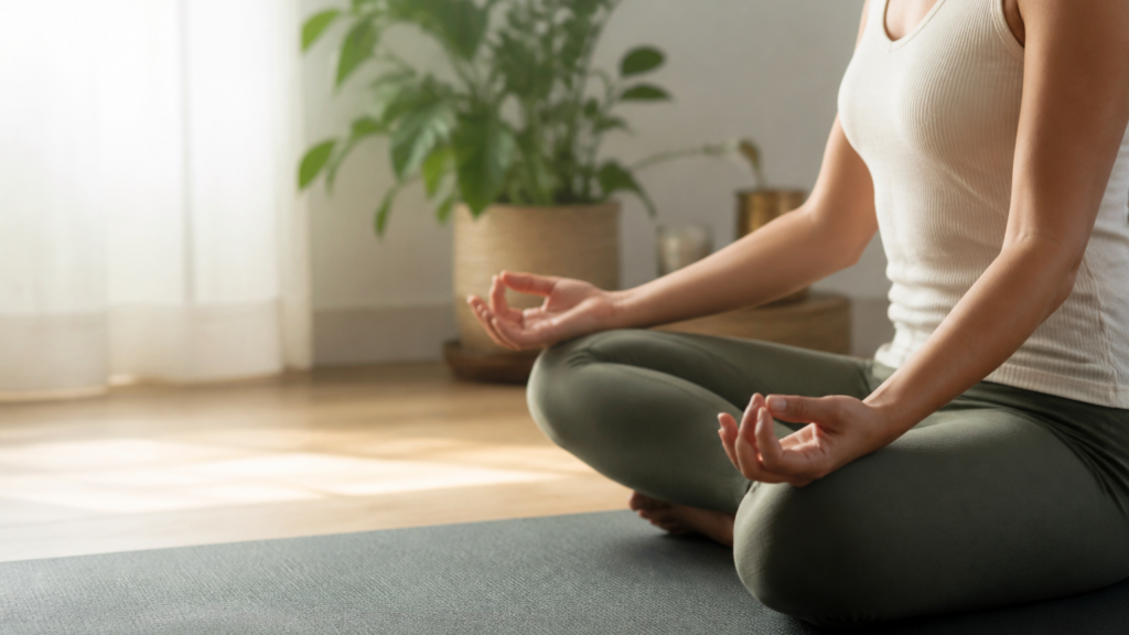 Personne en posture de méditation sur un tapis de yoga dans un intérieur calme et lumineux avec des plantes