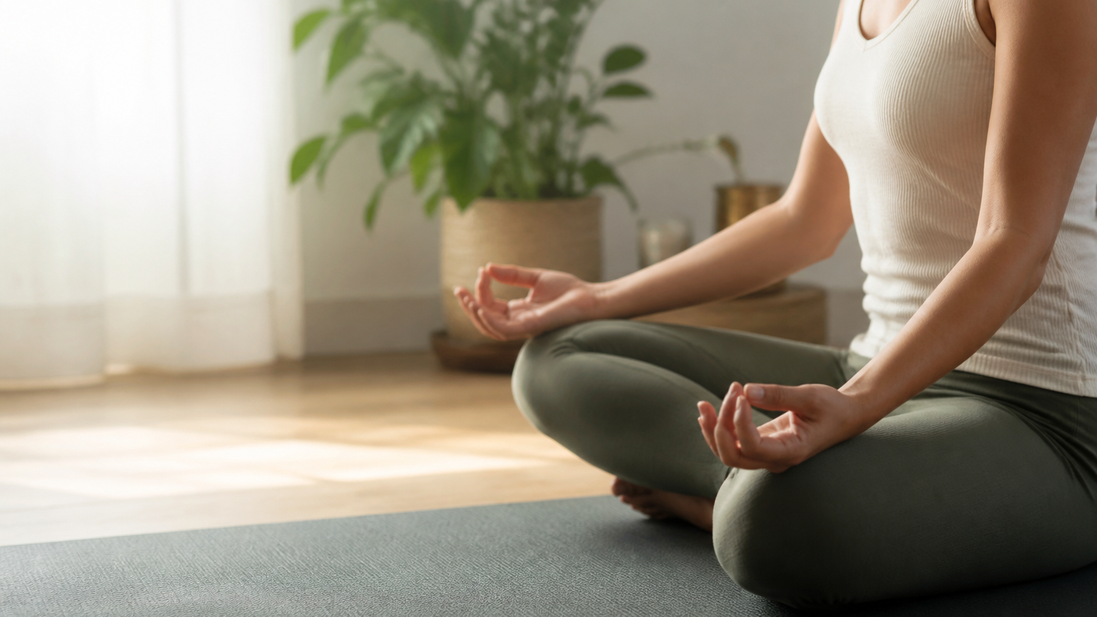 Personne en posture de méditation sur un tapis de yoga dans un intérieur calme et lumineux avec des plantes