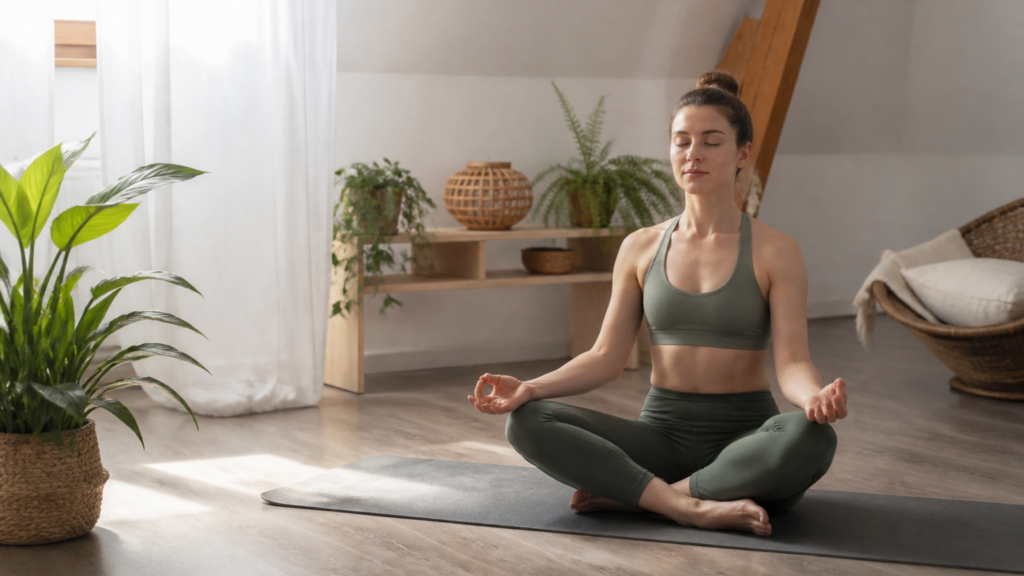Personne méditant paisiblement sur un tapis de yoga dans un intérieur calme et lumineux