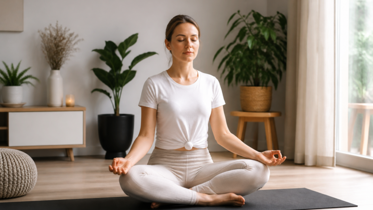 Personne en posture de méditation sur un tapis de yoga dans un intérieur calme et lumineux