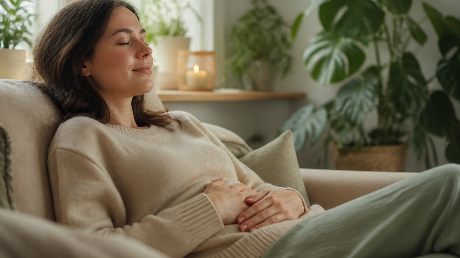 Personne en posture calme avec les mains posées sur le ventre dans un intérieur serein et lumineux