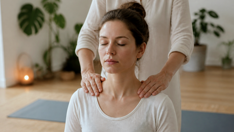 Personne recevant un soin Reiki, mains posées sur ses épaules dans un intérieur calme et lumineux