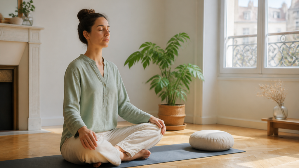 Un intérieur calme et lumineux avec des mains posées doucement sur un tapis de yoga, ambiance apaisante et naturelle