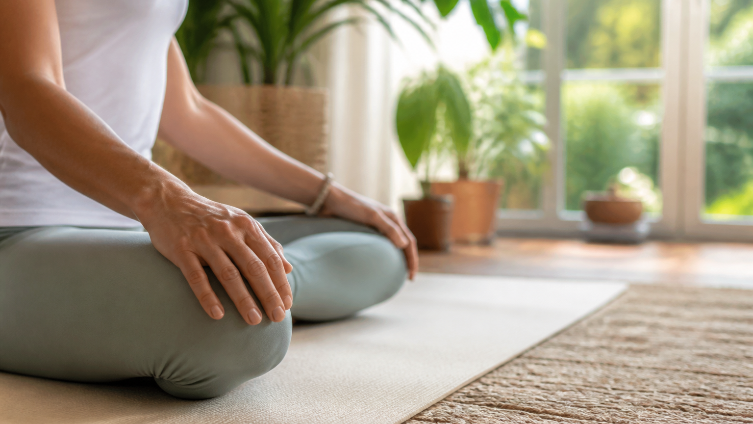 Personne en posture de méditation calme sur tapis de yoga avec lumière douce et plantes en arrière-plan