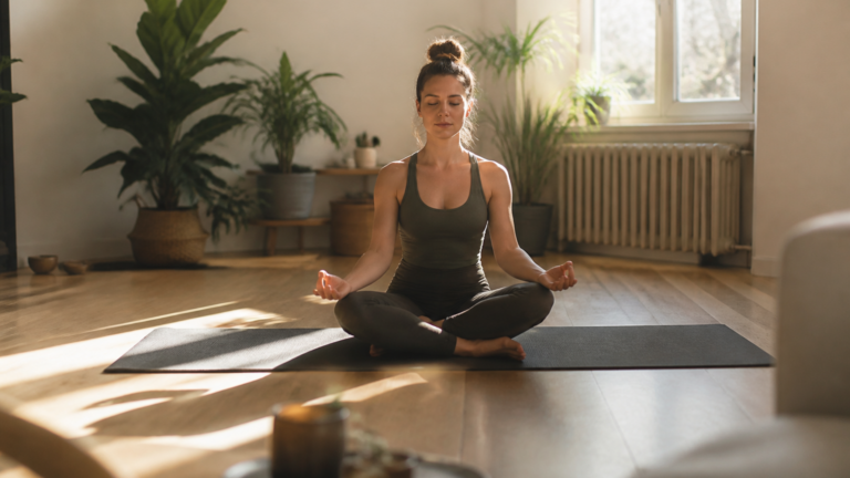 Personne en posture de méditation dans un intérieur lumineux et apaisant avec des plantes vertes.