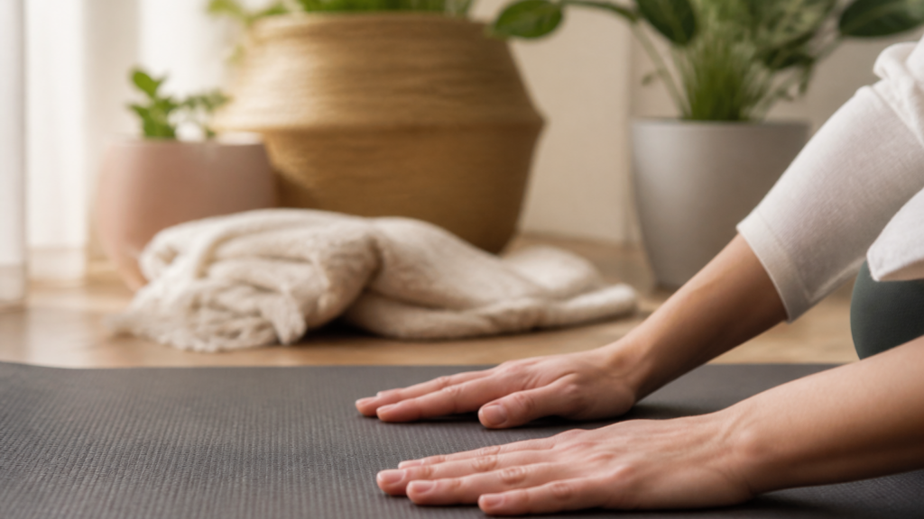 Mains posées en relaxation sur un tapis de yoga dans un intérieur lumineux et apaisant