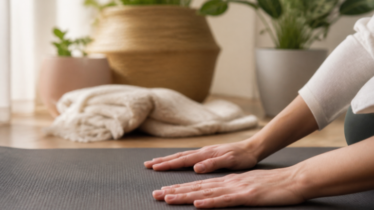 Mains posées en relaxation sur un tapis de yoga dans un intérieur lumineux et apaisant