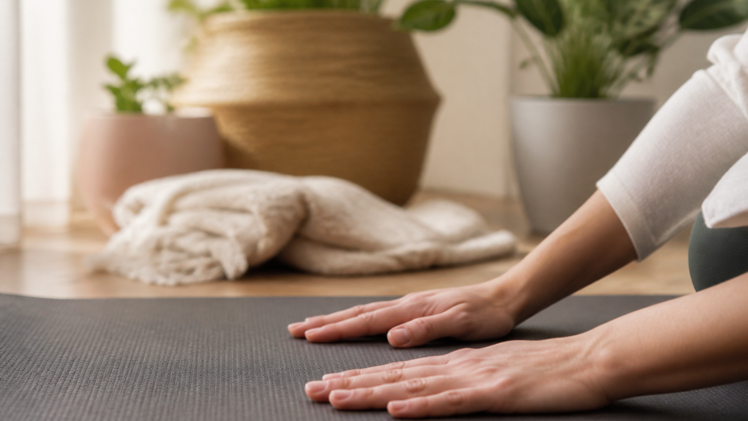 Mains posées en relaxation sur un tapis de yoga dans un intérieur lumineux et apaisant