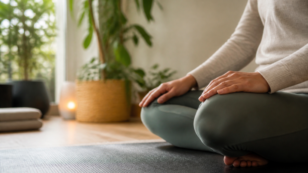 Personne assise en posture de méditation dans un intérieur calme avec lumière douce, mains posées sur les genoux, ambiance sereine et naturelle