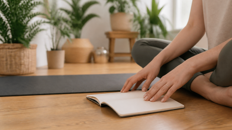 Mains posées sur un carnet ouvert dans un intérieur calme et lumineux, tapis de yoga au sol et plantes en arrière-plan