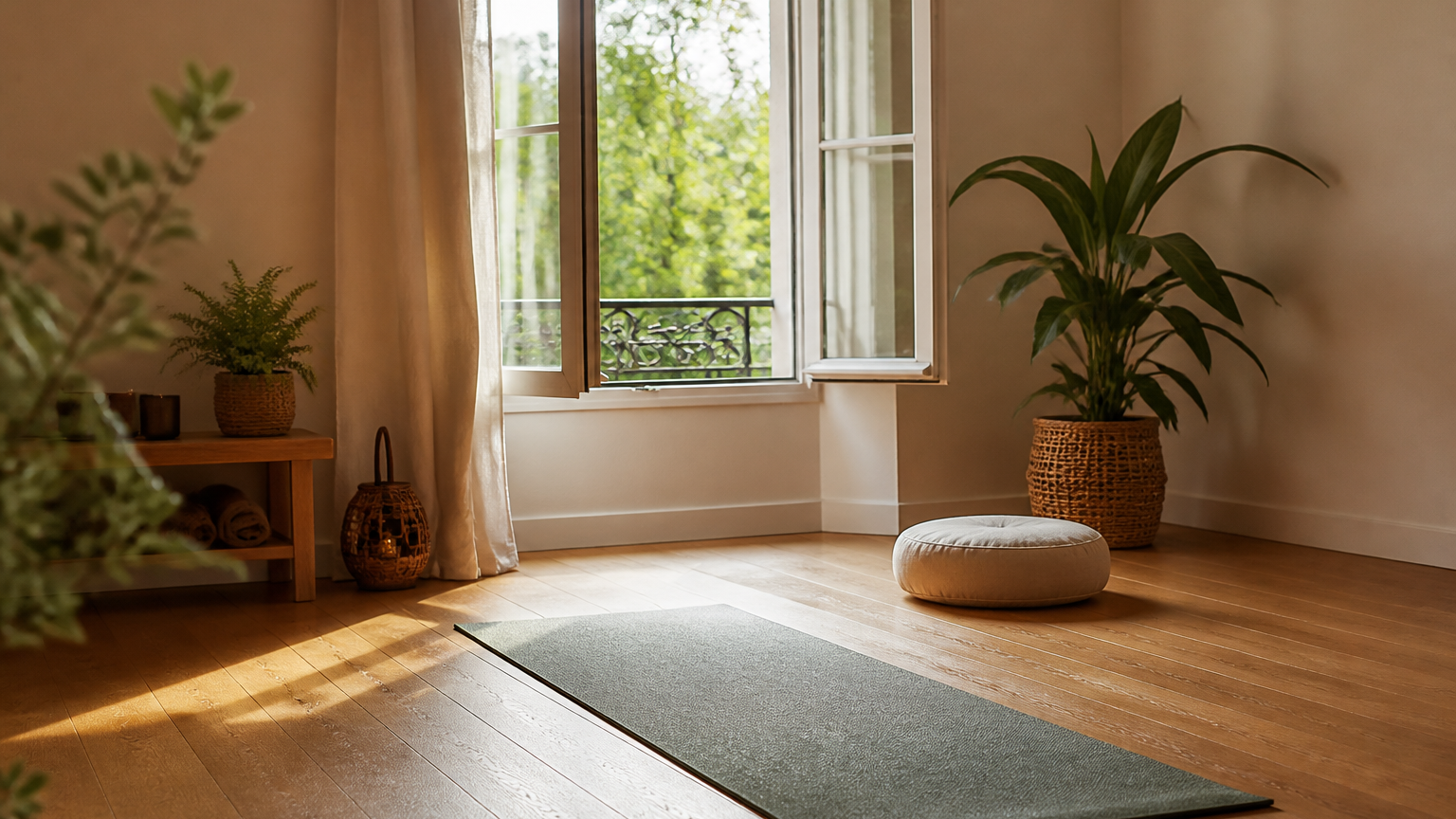 Intérieur lumineux et calme avec tapis de yoga et plantes, ambiance douce et apaisante