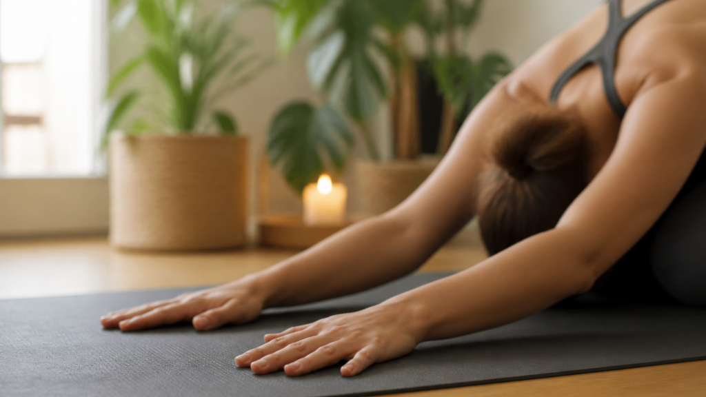 Mains posées sur un tapis de yoga dans un intérieur calme avec lumière naturelle douce et plantes vertes