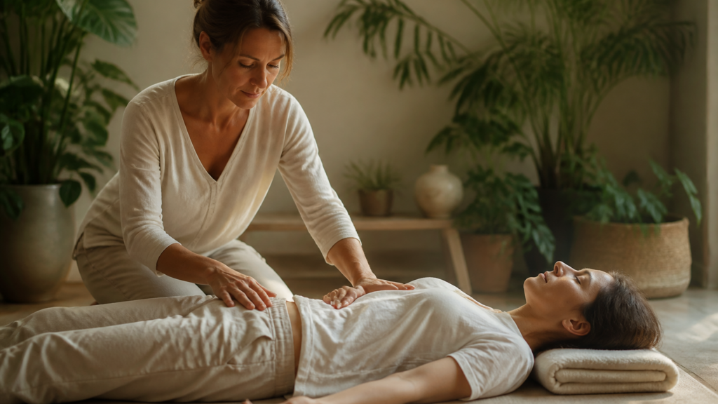 Mains posées en douceur sur le corps d’une personne allongée, lumière naturelle douce, ambiance calme et paisible