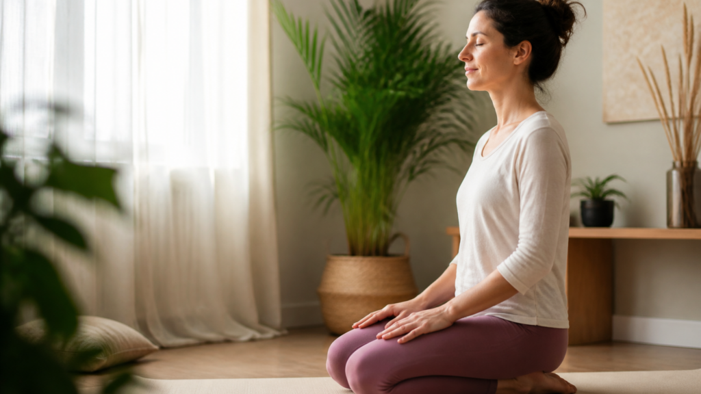 Mains posées en relaxation sur un tapis de yoga dans une pièce lumineuse et calme