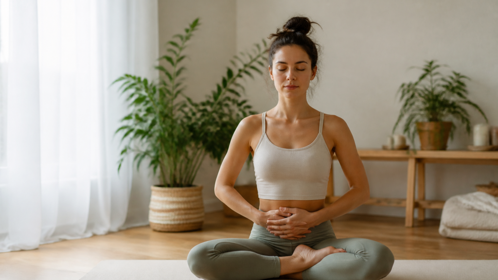 Mains posées doucement sur le ventre dans un intérieur lumineux avec tapis de yoga et plantes vertes, ambiance apaisante