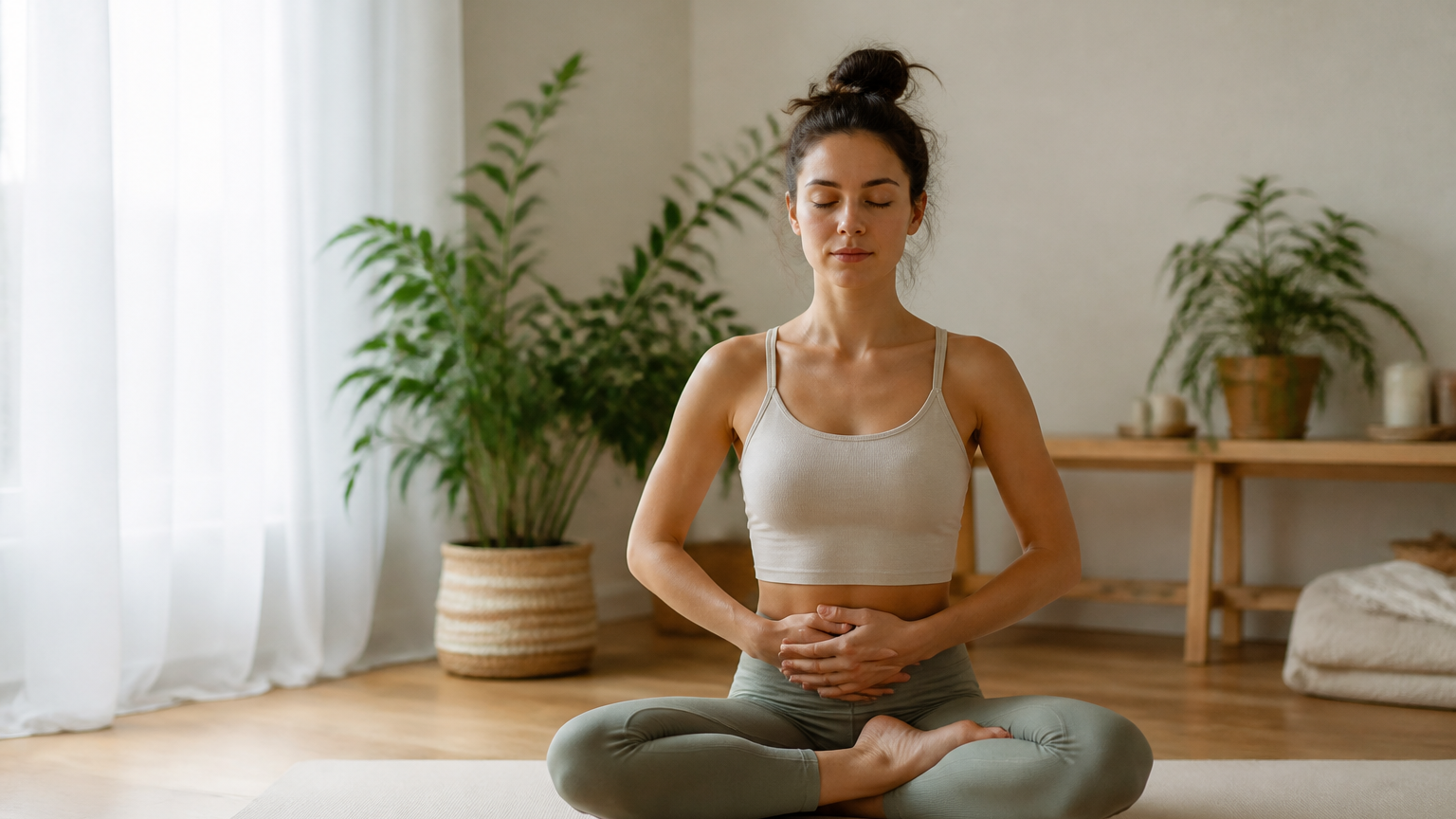 Mains posées doucement sur le ventre dans un intérieur lumineux avec tapis de yoga et plantes vertes, ambiance apaisante