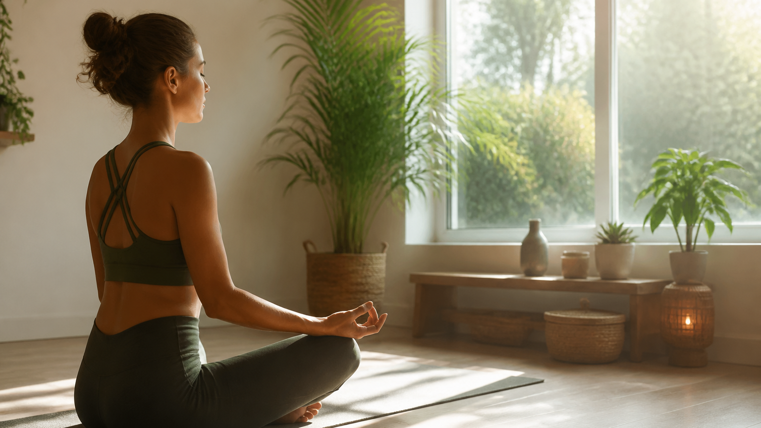 Personne pratiquant une méditation douce dans un intérieur lumineux et paisible