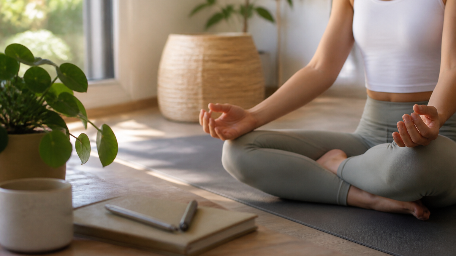 Intérieur calme avec tapis de yoga, plante et mains posées en méditation