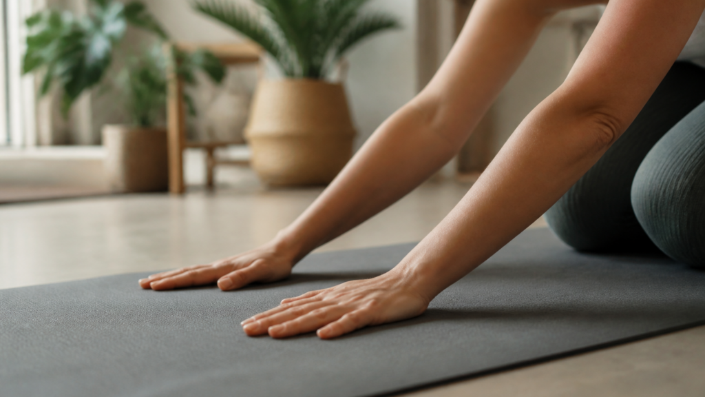 Mains posées calmement sur un tapis de yoga dans une pièce lumineuse et apaisante, symbolisant le recentrage et l'équilibre émotionnel