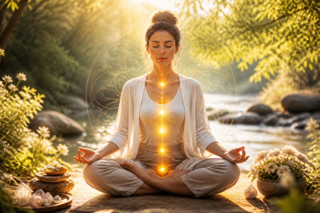 Femme méditant en pleine nature symbolisant la confiance en soi et l'équilibre émotionnel
