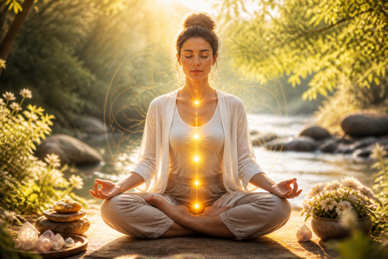 Femme méditant en pleine nature symbolisant la confiance en soi et l'équilibre émotionnel