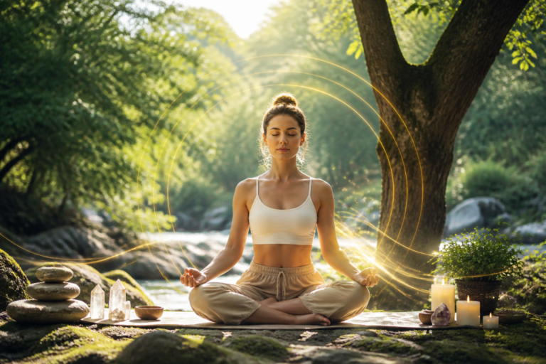 Personne en méditation en pleine nature, symbolisant la libération émotionnelle et l’équilibre intérieur