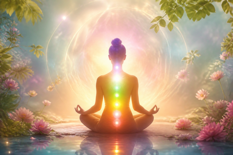 Silhouette méditative entourée d’un halo énergétique lumineux symbolisant l’équilibre émotionnel et la santé holistique