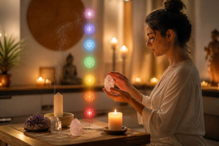 Intérieur zen avec bougie, cristaux et fumée d'encens illustrant le nettoyage énergétique et l'harmonisation des chakras