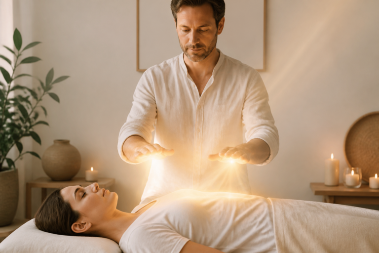 Séance énergétique de magnétisme émotionnel avec mains lumineuses au-dessus du corps, ambiance relaxante et bienveillante.